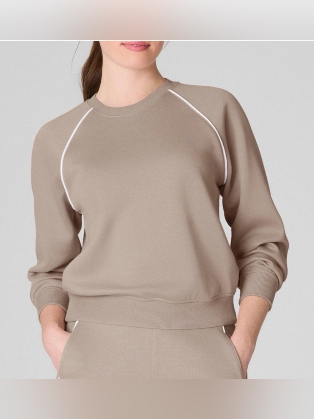 NWT- 3 pc set- SPANX Air Essentials Pique Taupe Track Pants with White Piping - Picture 2 of 2